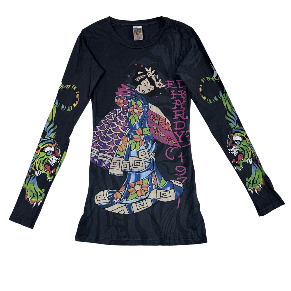 Ed Hardy Christian Audigier Geisha Tiger Long Sleeve Tee Black XS